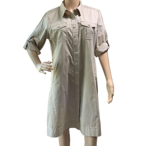 Liz Claiborne Tan Button Front Long Sleeve Normcore Utility Shirtdress Large P - Picture 1 of 16
